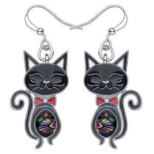 Enamel Colored Kitty Cat Dangle Wire Hook Earrings (#32-2)